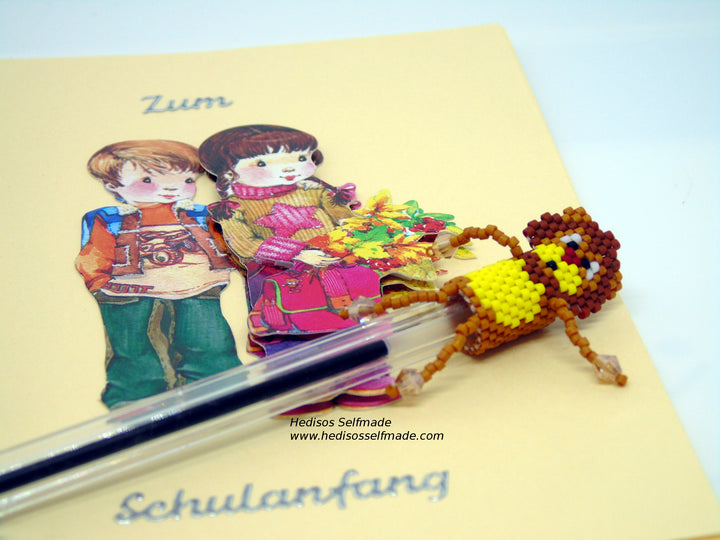 Pen Topper Löwe – Stiftaufsatz aus Perlen gefädelt 3 cm
