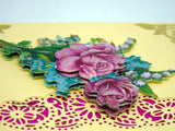 Geburtstagskarte Rosen und Maiglöckchen  3-D Handarbeit mit Spruch im Innenteil