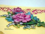 Geburtstagskarte Rosen und Maiglöckchen  3-D Handarbeit mit Spruch im Innenteil