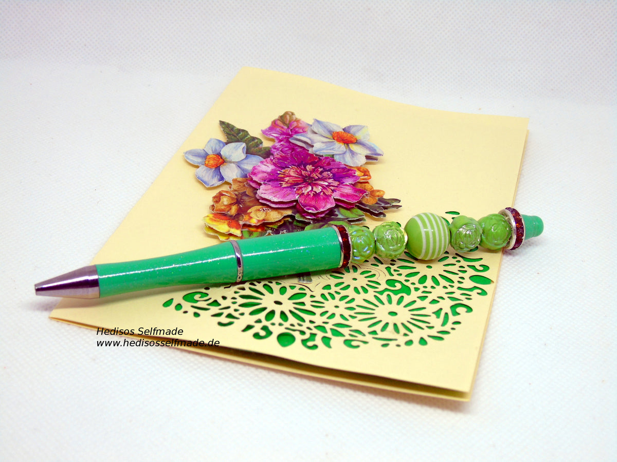 Kugelschreiber mit grüner Acrylperle und grünen Rosen mit 