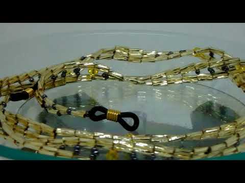 edle Brillenkette gold-schwarz aus Stiftperlen, Miyuki Rocailles und Glasschliff-Biconen 67 cm