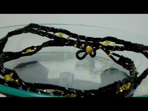 edle Brillenkette schwarz-gold aus Stiftperlen, Miyuki Rocailles und Swarovski-Biconen 67 cm